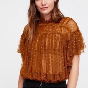 Free People Disco Ball Swiss Dot Lace Top Burnt Gold